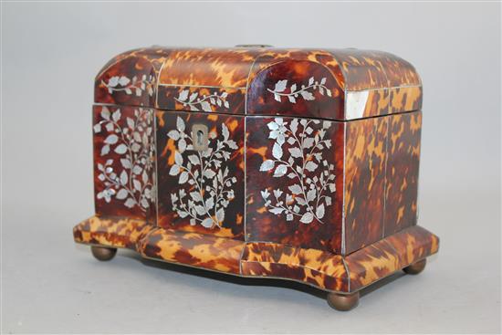 A Regency tortoiseshell and mother of pearl inlaid two division tea caddy, 7.75in.